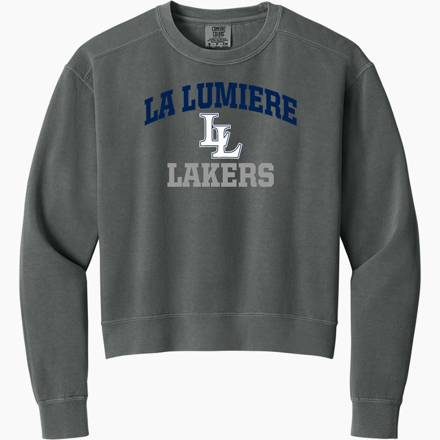 La Lumiere School Lakers Online Store <span class="pdp-name-mascot">La Lumiere Lakers</span> Comfort Colors Women's Mid-Length Crewneck Sweatshirt