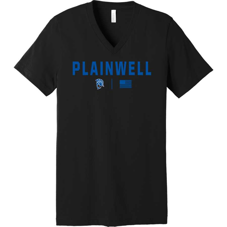 PLAINWELL HIGH SCHOOL TROJANS <span class="pdp-name-mascot">PLAINWELL TROJANS</span> Bella+Canvas Unisex Jersey Short Sleeve V-Neck Tee