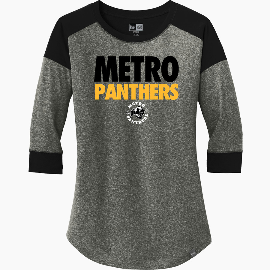 METRO ACADEMIC & CLASSICAL HIGH SCHOOL Online Store <span class="pdp-name-mascot">METRO ACADEMY & CLASSICAL METRO PANTHERS</span> New Era Ladies Heritage Blend 3/4-Sleeve Baseball Raglan Tee