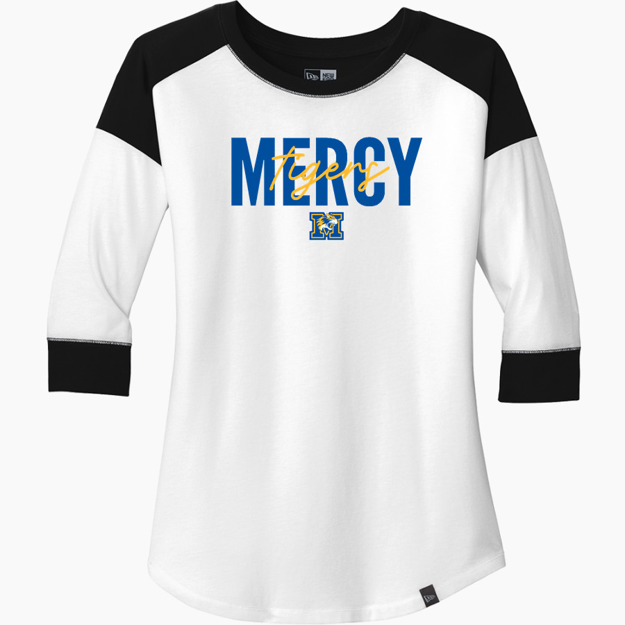 Mercy High School Tigers Online Store <span class="pdp-name-mascot">Mercy Tigers</span> New Era Ladies Heritage Blend 3/4-Sleeve Baseball Raglan Tee