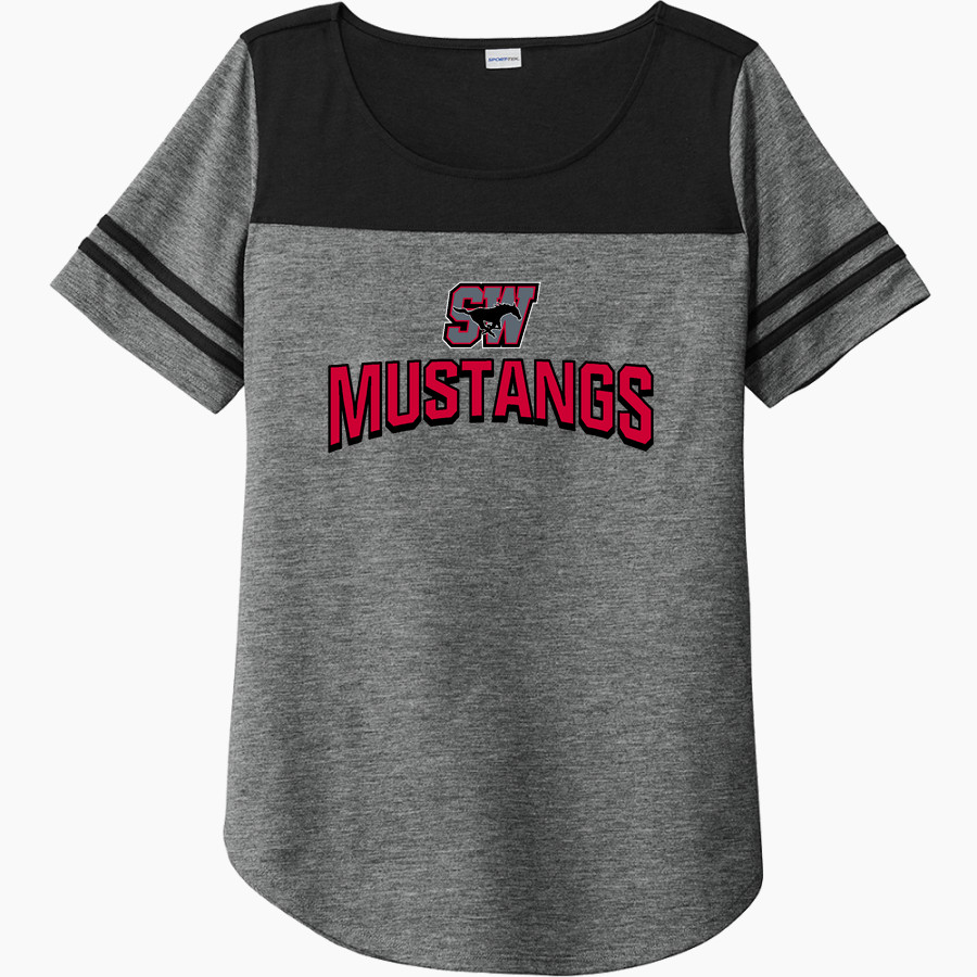 SOUTH WESTERN SENIOR HIGH SCHOOL MUSTANGS <span class="pdp-name-mascot">SOUTH WESTERN MUSTANGS</span> Sport-Tek Ladies PosiCharge Tri-Blend Wicking Fan Tee