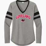 Loveland Indians <span class="pdp-name-mascot">Loveland Red Wolves</span> Sport-Tek Women's Halftime Stripe Long-Sleeve V-Neck T-Shirt Front Thumbnail