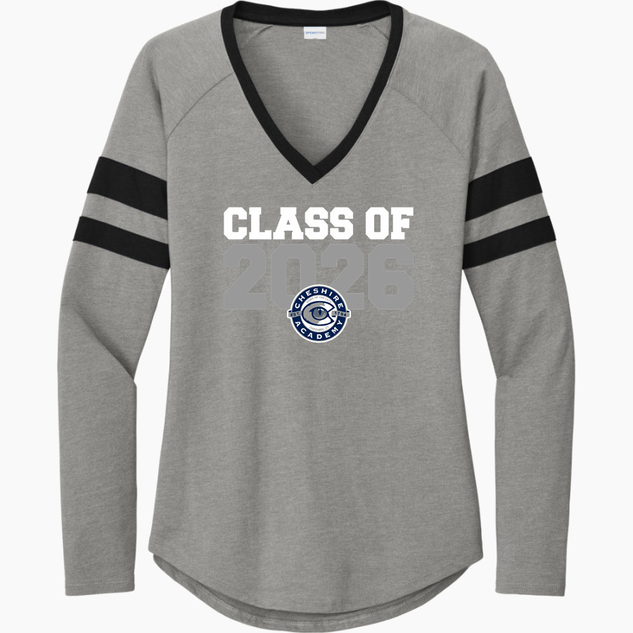 Official Online Store <span class="pdp-name-mascot">Cheshire Academy</span> Sport-Tek Women's Halftime Stripe Long-Sleeve V-Neck T-Shirt