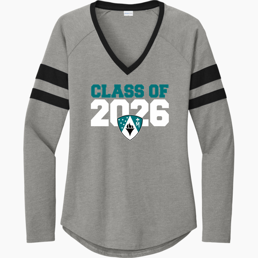 ST. JOHN PAUL II LIONS <span class="pdp-name-mascot">JP2 Lions</span> Sport-Tek Women's Halftime Stripe Long-Sleeve V-Neck T-Shirt