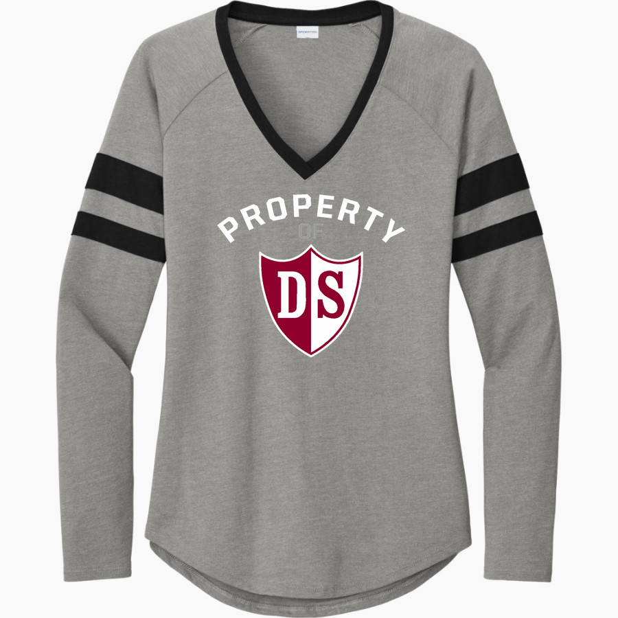 THE DERRYFIELD SCHOOL COUGARS <span class="pdp-name-mascot">THE DERRYFIELD COUGARS</span> Sport-Tek Women's Halftime Stripe Long-Sleeve V-Neck T-Shirt