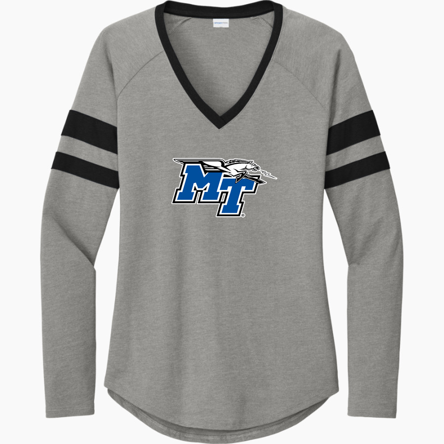 MTSU Blue Raiders Sport-Tek Women's Halftime Stripe Long-Sleeve V-Neck T-Shirt