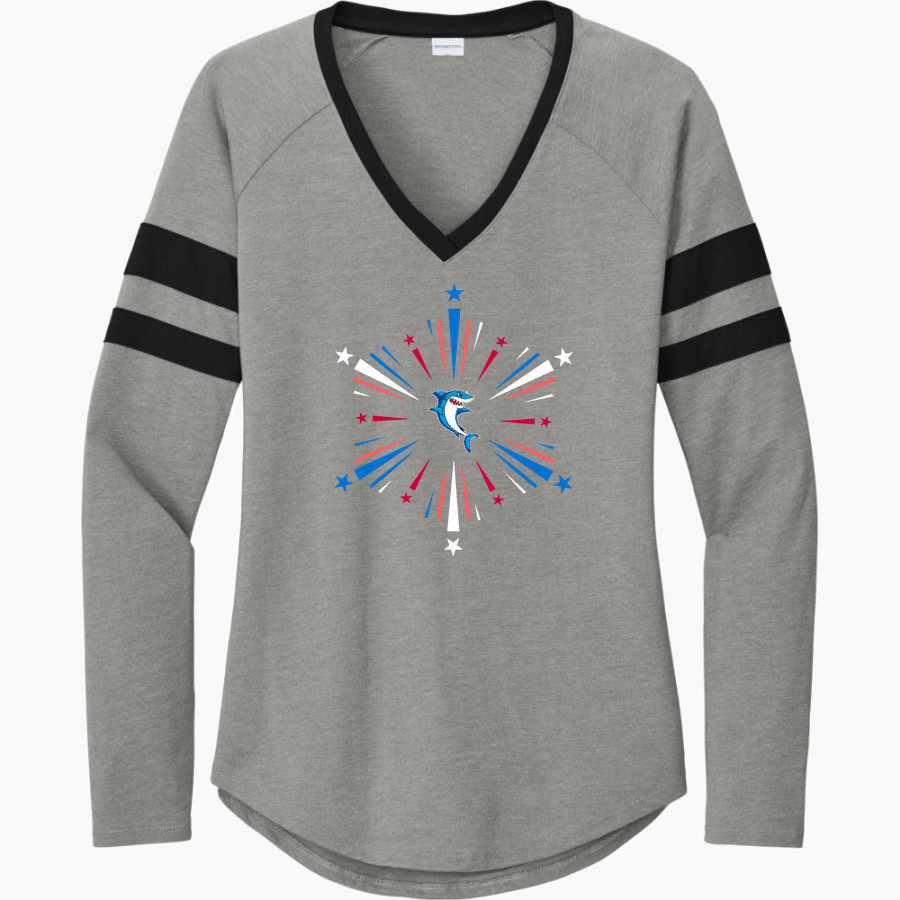 French-American School of New York - Online Store <span class="pdp-name-mascot">French-American School Sharks</span> Sport-Tek Women's Halftime Stripe Long-Sleeve V-Neck T-Shirt