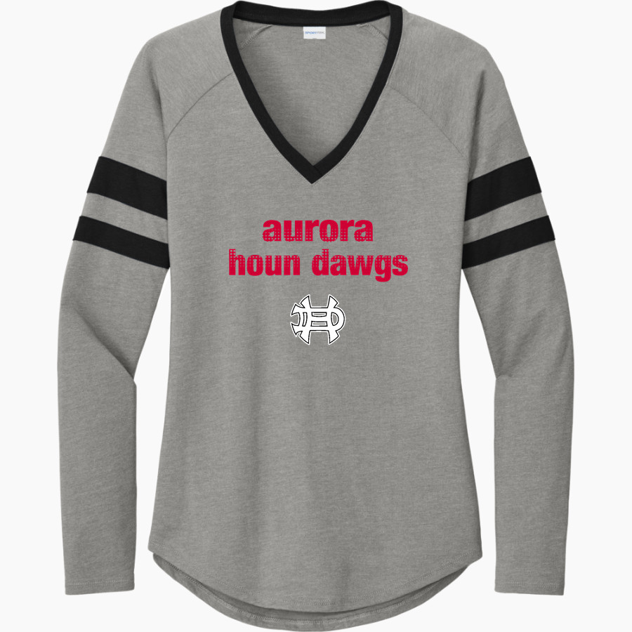 AURORA HIGH SCHOOL HOUN DAWGS <span class="pdp-name-mascot">AURORA HOUN DAWGS</span> Sport-Tek Women's Halftime Stripe Long-Sleeve V-Neck T-Shirt