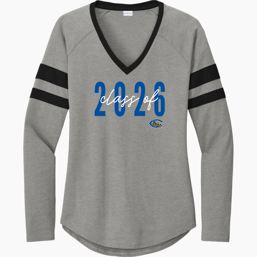 CUMBERLAND HIGH SCHOOL DUKES <span class="pdp-name-mascot">CUMBERLAND DUKES</span> Sport-Tek Women's Halftime Stripe Long-Sleeve V-Neck T-Shirt