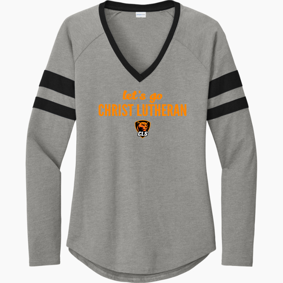 CHRIST LUTHERAN Cougars <span class="pdp-name-mascot">CHRIST LUTHERAN DAY SCHOOL Cougars</span> Sport-Tek Women's Halftime Stripe Long-Sleeve V-Neck T-Shirt
