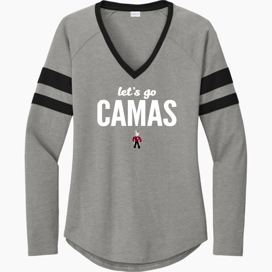 CAMAS PAPERMAKERS The Official Online Store <span class="pdp-name-mascot">CAMAS PAPERMAKERS</span> Sport-Tek Women's Halftime Stripe Long-Sleeve V-Neck T-Shirt
