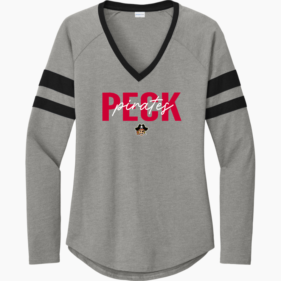 PECK COMMUNITY Pirates <span class="pdp-name-mascot">PECK COMMUNITY SCHOOLS Pirates</span> Sport-Tek Women's Halftime Stripe Long-Sleeve V-Neck T-Shirt