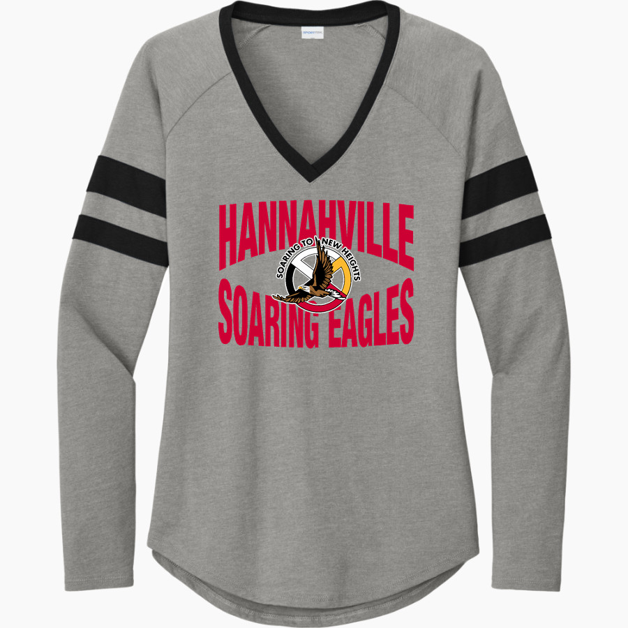 Hannahville Soaring Eagles <span class="pdp-name-mascot">Hannahville Indian School Eagles</span> Sport-Tek Women's Halftime Stripe Long-Sleeve V-Neck T-Shirt