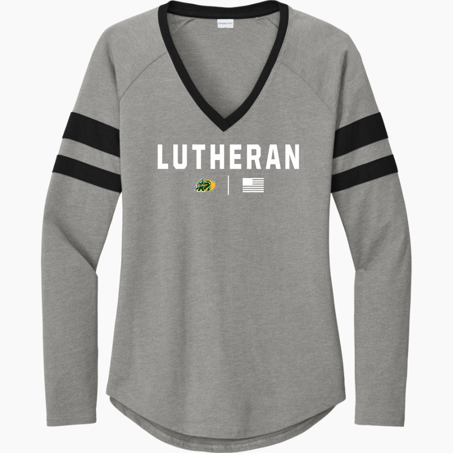 Lutheran Knights <span class="pdp-name-mascot">Lutheran Knights</span> Sport-Tek Women's Halftime Stripe Long-Sleeve V-Neck T-Shirt
