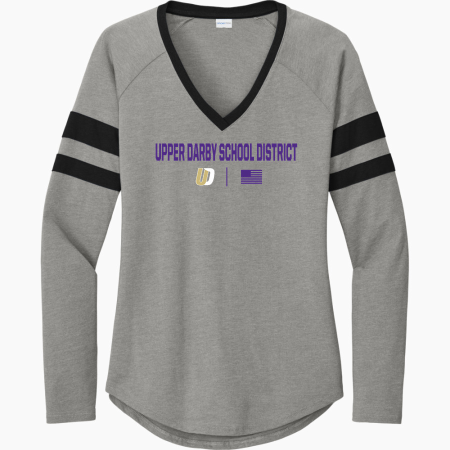 Upper Darby School District Royals <span class="pdp-name-mascot">Upper Darby Royals</span> Sport-Tek Women's Halftime Stripe Long-Sleeve V-Neck T-Shirt