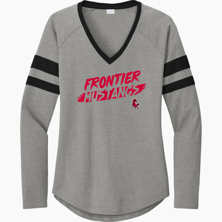 FRONTIER HIGH SCHOOL MUSTANGS <span class="pdp-name-mascot">FRONTIER MUSTANGS</span> Sport-Tek Women's Halftime Stripe Long-Sleeve V-Neck T-Shirt