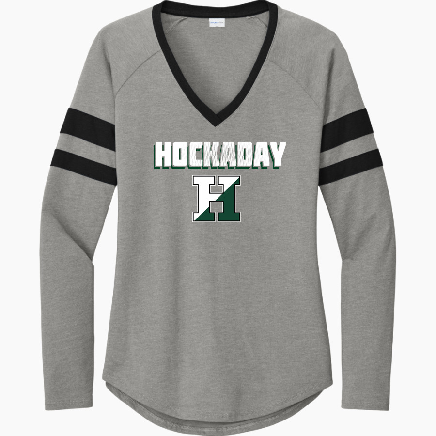 Hockaday School Online Store <span class="pdp-name-mascot">Hockaday</span> Sport-Tek Women's Halftime Stripe Long-Sleeve V-Neck T-Shirt