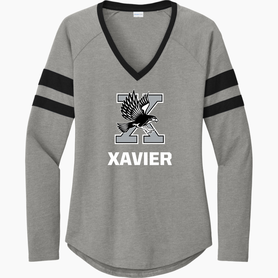 Xavier Falcons Sport-Tek Women's Halftime Stripe Long-Sleeve V-Neck T-Shirt