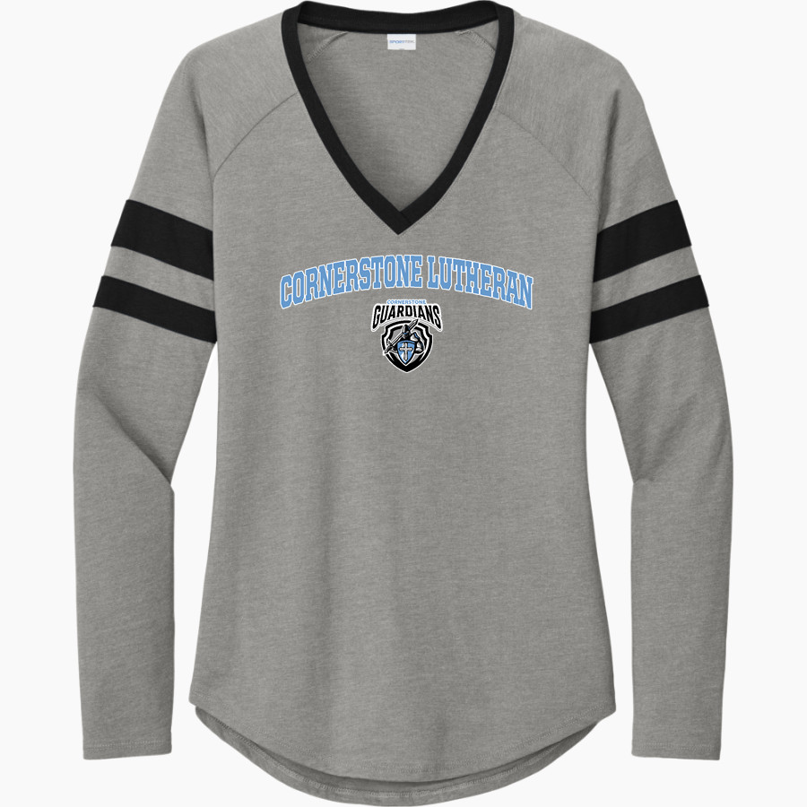 Cornerstone Lutheran Guardians <span class="pdp-name-mascot">Cornerstone Lutheran Guardians</span> Sport-Tek Women's Halftime Stripe Long-Sleeve V-Neck T-Shirt