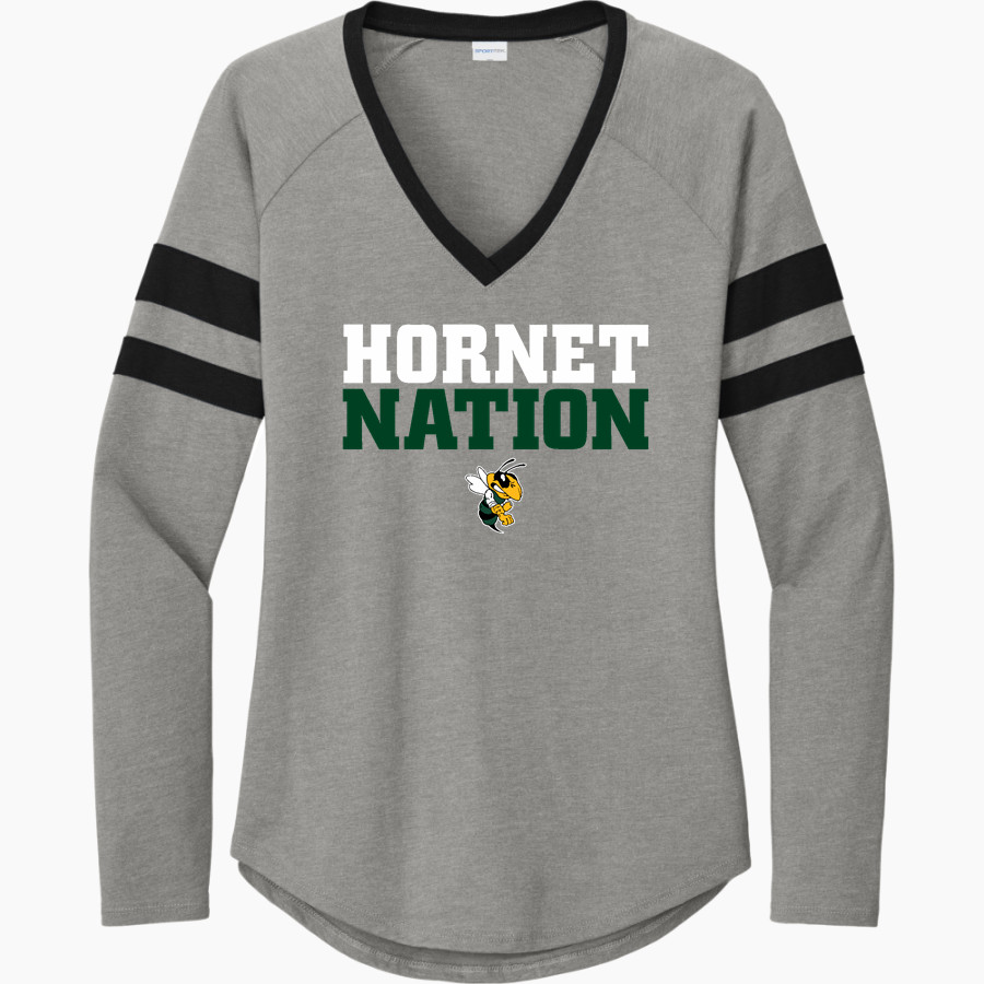 Wellsboro Hornets <span class="pdp-name-mascot">Wellsboro Green Hornets</span> Sport-Tek Women's Halftime Stripe Long-Sleeve V-Neck T-Shirt