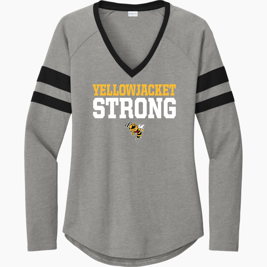 Berkeley Yellowjackets The Official Online Store <span class="pdp-name-mascot">Berkeley Yellowjackets</span> Sport-Tek Women's Halftime Stripe Long-Sleeve V-Neck T-Shirt