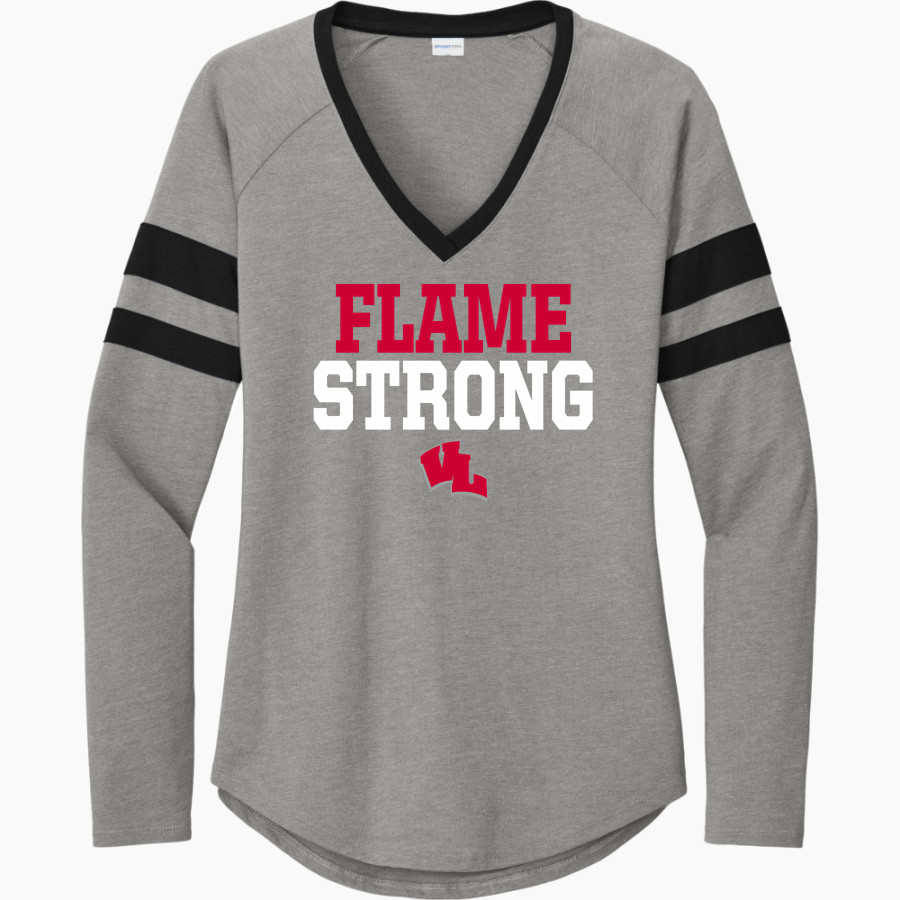 Valley Lutheran Flames <span class="pdp-name-mascot">Valley Lutheran High School Flames</span> Sport-Tek Women's Halftime Stripe Long-Sleeve V-Neck T-Shirt