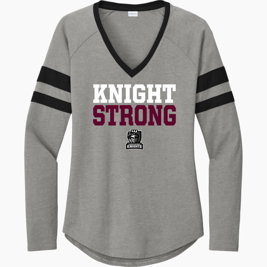 Lansingburgh Knights The Official Online Store <span class="pdp-name-mascot">Lansingburgh Knights</span> Sport-Tek Women's Halftime Stripe Long-Sleeve V-Neck T-Shirt