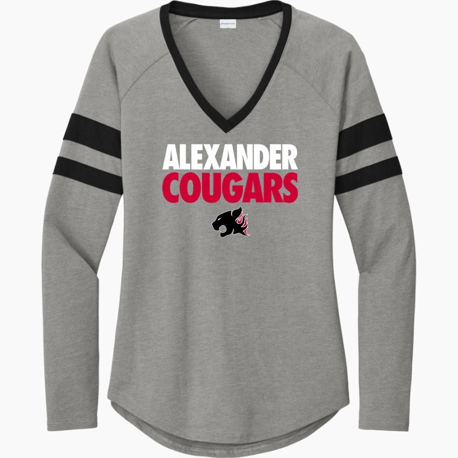 ALEXANDER COUGARS The Official Online Store <span class="pdp-name-mascot">ALEXANDER COUGARS</span> Sport-Tek Women's Halftime Stripe Long-Sleeve V-Neck T-Shirt