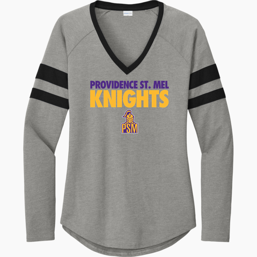 Providence St. Mel Knights <span class="pdp-name-mascot">Providence St. Mel Knights</span> Sport-Tek Women's Halftime Stripe Long-Sleeve V-Neck T-Shirt