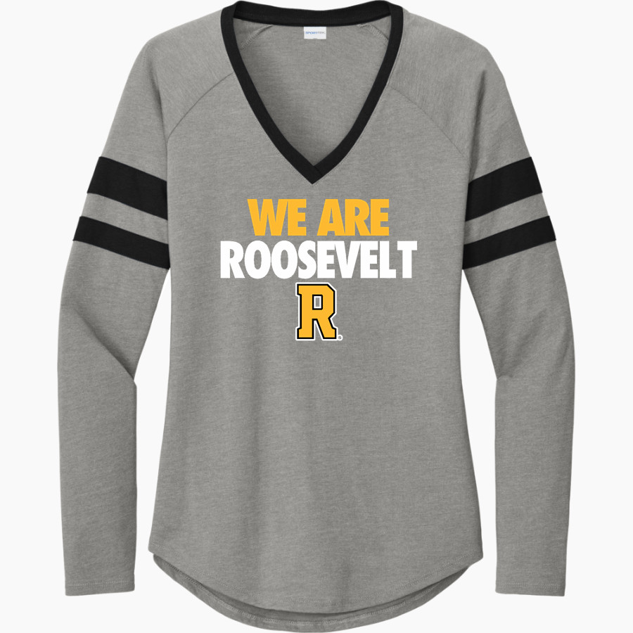 Roosevelt Roughriders <span class="pdp-name-mascot">Roosevelt Riders</span> Sport-Tek Women's Halftime Stripe Long-Sleeve V-Neck T-Shirt