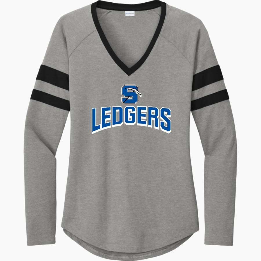 St. Mary's Springs Academy Ledgers <span class="pdp-name-mascot">SAINT MARYS SPRINGS HIGH LEDGERS</span> Sport-Tek Women's Halftime Stripe Long-Sleeve V-Neck T-Shirt