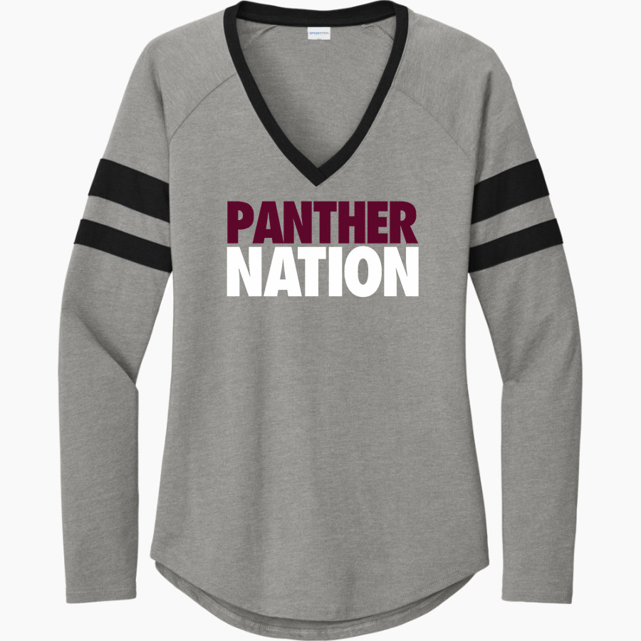 St. Anselm's Abbey Panthers <span class="pdp-name-mascot">Saint Anselm's Abbey Panthers</span> Sport-Tek Women's Halftime Stripe Long-Sleeve V-Neck T-Shirt