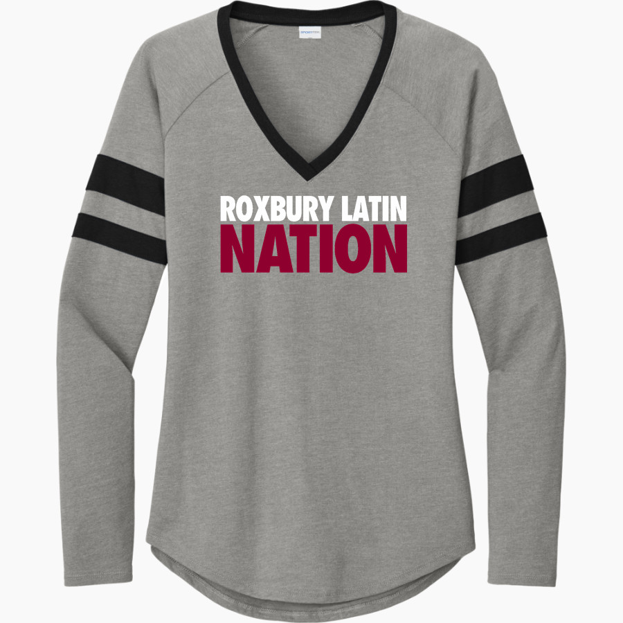 Roxbury Latin <span class="pdp-name-mascot">Roxbury Latin Foxes</span> Sport-Tek Women's Halftime Stripe Long-Sleeve V-Neck T-Shirt