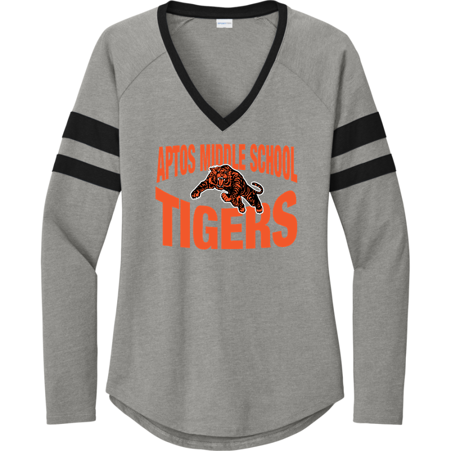 Aptos Middle School Tigers <span class="pdp-name-mascot">Aptos Middle School Tigers</span> Sport-Tek Women's Halftime Stripe Long-Sleeve V-Neck T-Shirt
