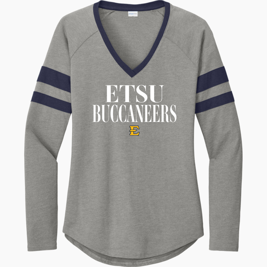 East Tennessee State University Buccaneers <span class="pdp-name-mascot">ETSU Buccaneers</span> Sport-Tek Women's Halftime Stripe Long-Sleeve V-Neck T-Shirt
