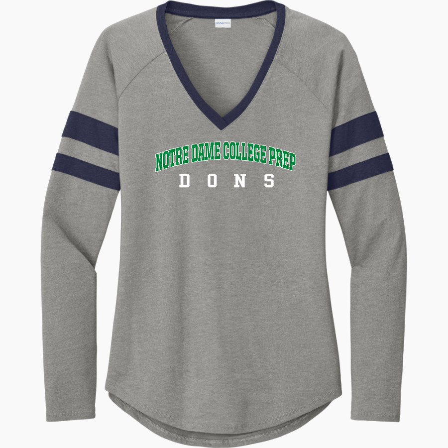 Notre Dame College Prep The Official Online Store <span class="pdp-name-mascot">Notre Dame Dons</span> Sport-Tek Women's Halftime Stripe Long-Sleeve V-Neck T-Shirt