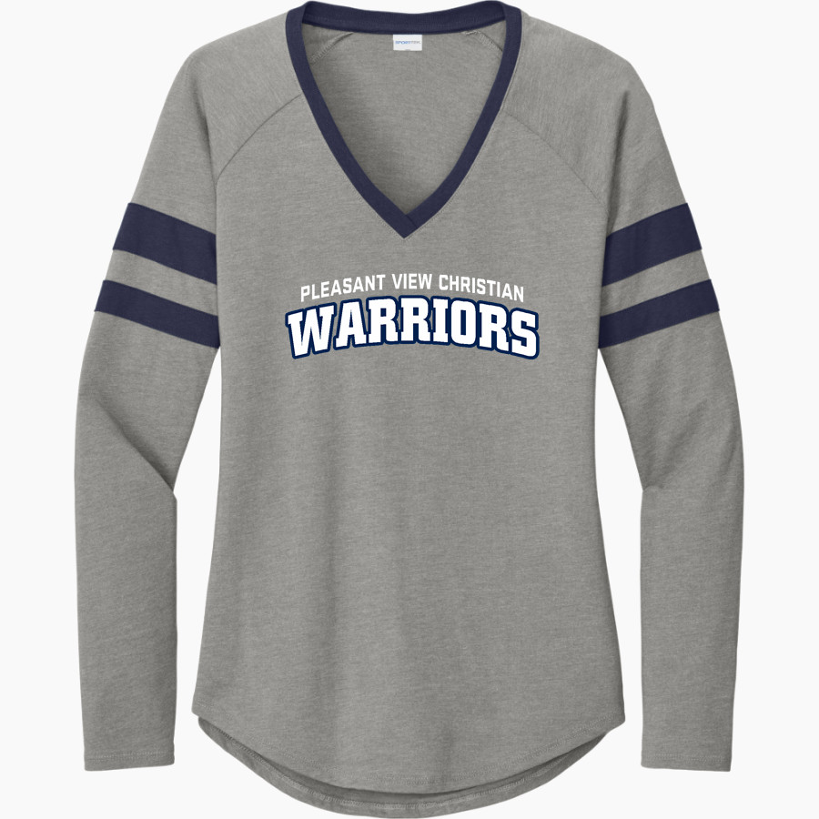 Pleasant View Christian Warriors <span class="pdp-name-mascot">Pleasant View Warriors</span> Sport-Tek Women's Halftime Stripe Long-Sleeve V-Neck T-Shirt