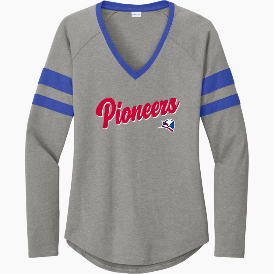 NORTHLAND Pioneers <span class="pdp-name-mascot">NORTHLAND PIONEERS STORE</span> Sport-Tek Women's Halftime Stripe Long-Sleeve V-Neck T-Shirt