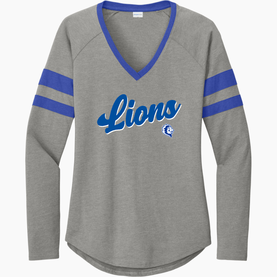 Harding Academy Lions <span class="pdp-name-mascot">Harding Academy</span> Sport-Tek Women's Halftime Stripe Long-Sleeve V-Neck T-Shirt
