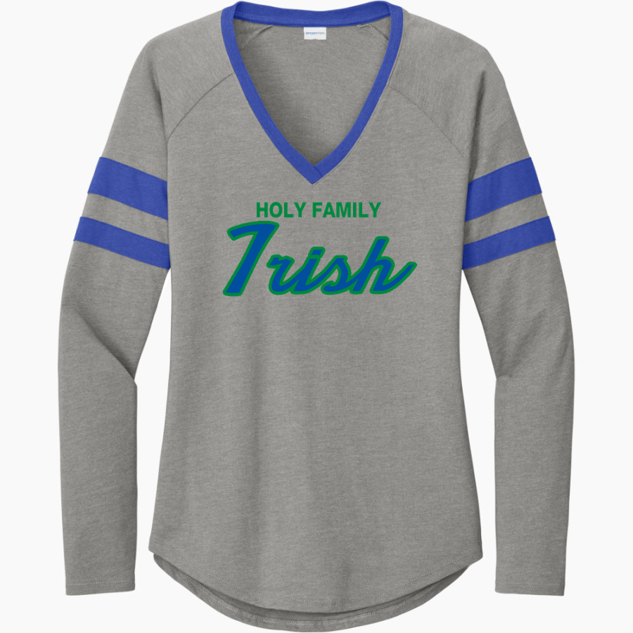 Holy Family Irish <span class="pdp-name-mascot">Holy Family Irish</span> Sport-Tek Women's Halftime Stripe Long-Sleeve V-Neck T-Shirt
