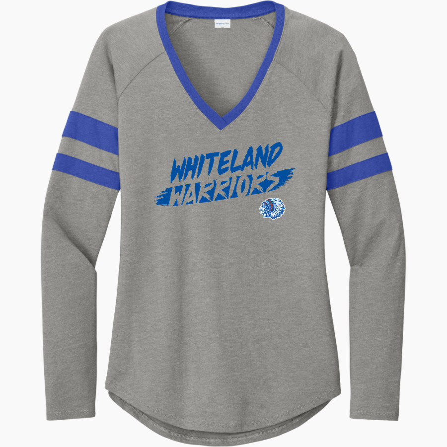 Whiteland Warriors <span class="pdp-name-mascot">Whiteland Warriors</span> Sport-Tek Women's Halftime Stripe Long-Sleeve V-Neck T-Shirt