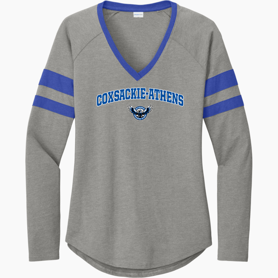 Coxsackie-Athens High School Riverhawks official sideline store <span class="pdp-name-mascot">Coxsackie-Athens Riverhawks</span> Sport-Tek Women's Halftime Stripe Long-Sleeve V-Neck T-Shirt