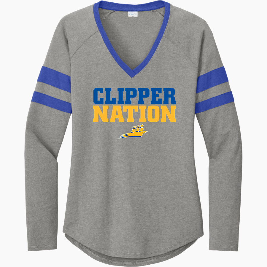 Concordia Clippers Sport-Tek Women's Halftime Stripe Long-Sleeve V-Neck T-Shirt