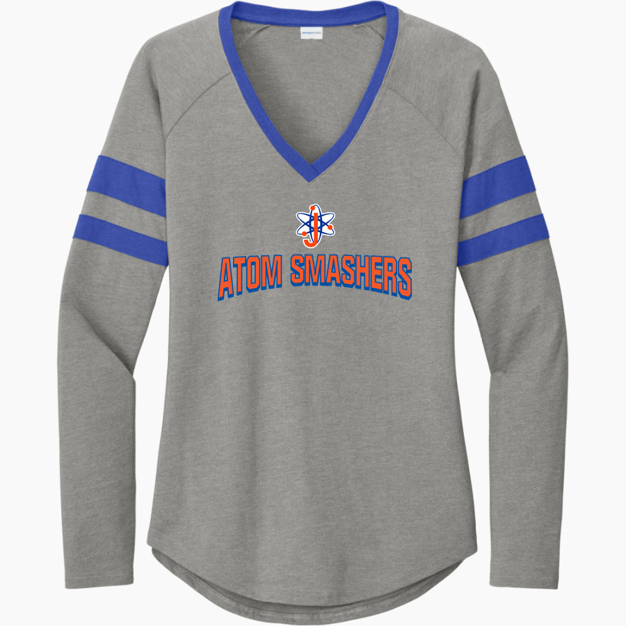 Johnson Atom Smashers <span class="pdp-name-mascot">Sol C. Johnson Atom Smashers</span> Sport-Tek Women's Halftime Stripe Long-Sleeve V-Neck T-Shirt