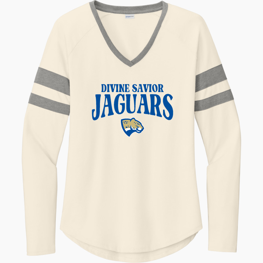 Divine Savior Academy Jaguars <span class="pdp-name-mascot">Divine Savior Academy Jaguars</span> Sport-Tek Women's Halftime Stripe Long-Sleeve V-Neck T-Shirt