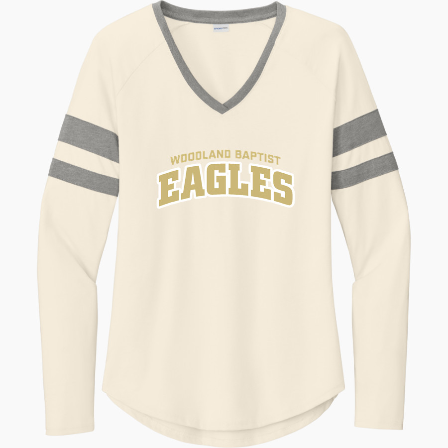 Woodland Baptist Eagles <span class="pdp-name-mascot">Woodland Baptist Christian School Eagles</span> Sport-Tek Women's Halftime Stripe Long-Sleeve V-Neck T-Shirt