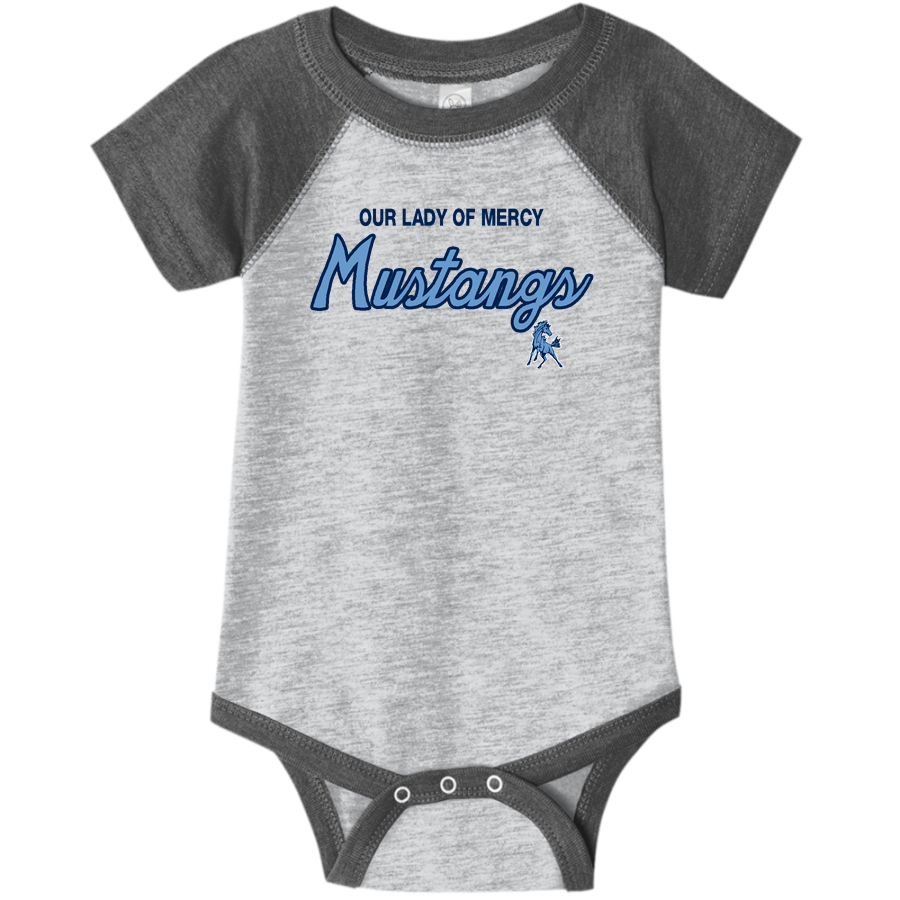 OUR LADY OF MERCY ACADEMY MUSTANGS <span class="pdp-name-mascot">OUR LADY OF MERCY MUSTANGS</span> Rabbit Skins Infant Baseball Fine Jersey Onesie