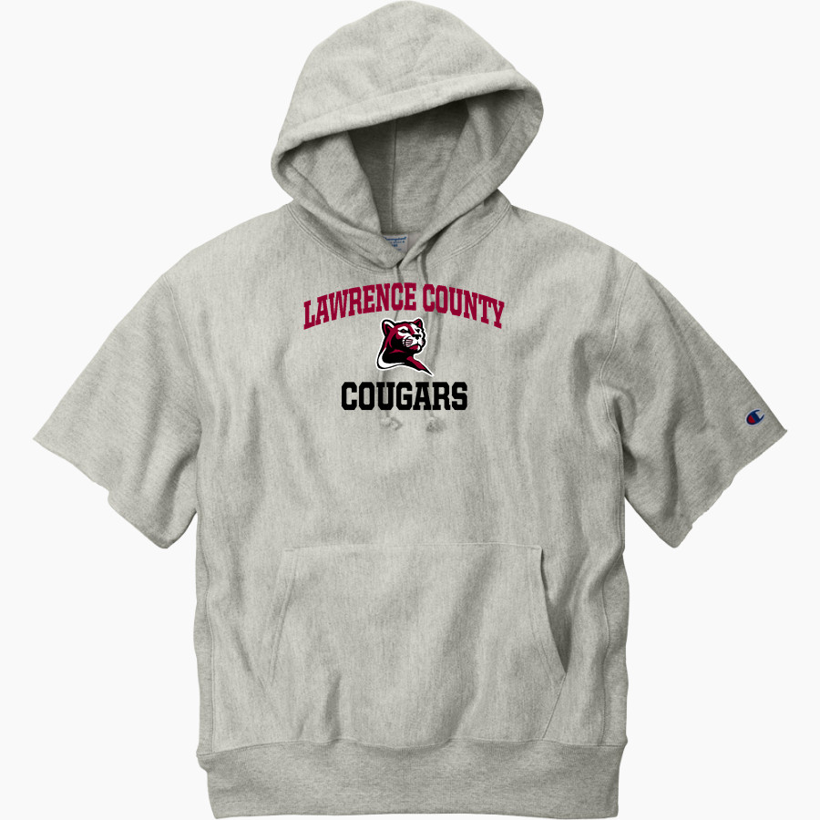 LAWRENCE COUNTY HIGH SCHOOL COUGARS Champion Men's Reverse Weave Short Sleeve Hooded Sweatshirt