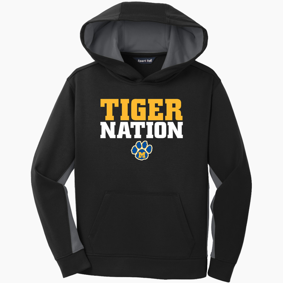 Mercy High School Tigers Online Store Sport-Tek Youth Sport-Wick Fleece Colorblock Hooded Pullover