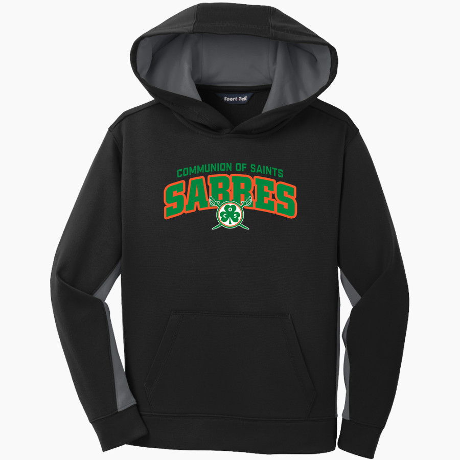 Communion of Saints School Sabres official sideline store Sport-Tek Youth Sport-Wick Fleece Colorblock Hooded Pullover